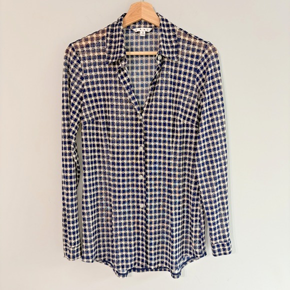 CAbi Tops - Cabi Blue White Mesh Top Check Print Sheer Long Sleeve Collar Size S